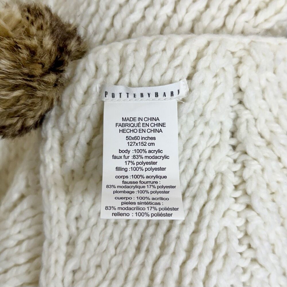 Pottery Barn White Chunky Knit Faux Fur Pom Pom Trim Throw Blanket 50”x60” - Picture 6 of 7